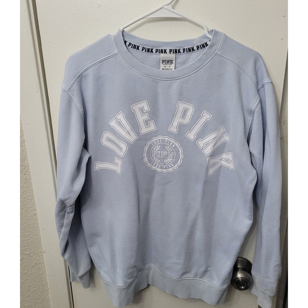 PINK VS Logo sweatshirt light blue/white Y2K Boxy Oversized Women's Size XS Flaw